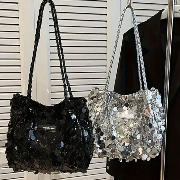 Black Sequins Shoulder Tote Bag - Picture 4 of 4